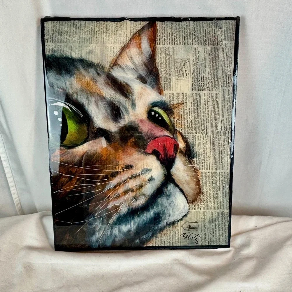 Cat Study Portrait Mixed Media Dictionary Paper Acrylic Resin Finish 12